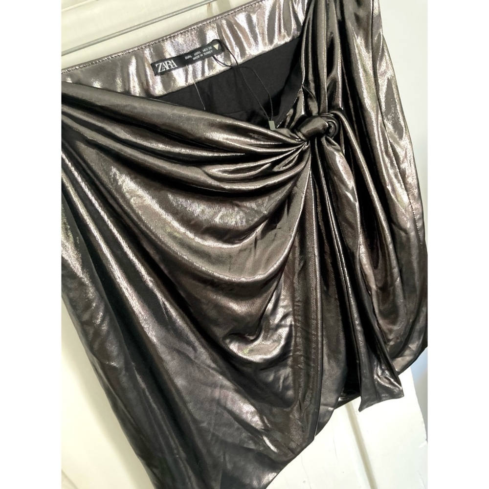 RELISTED NWOT Zara Metallic Gunmetal Wrap Style Tie Waist Mini Skirt - Picture 3 of 15